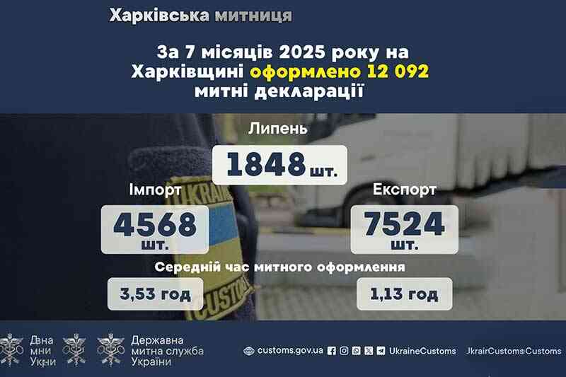 За 7 месяцев 2025 года в Харьковской области оформлено 12 092 таможенные декларации