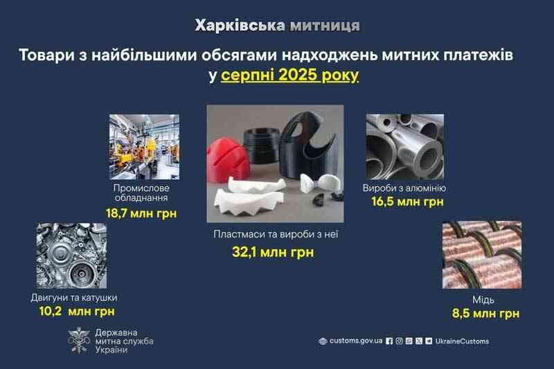 Товари з найбільшими обсягами надходжень митних платежів у серпні 2025 року