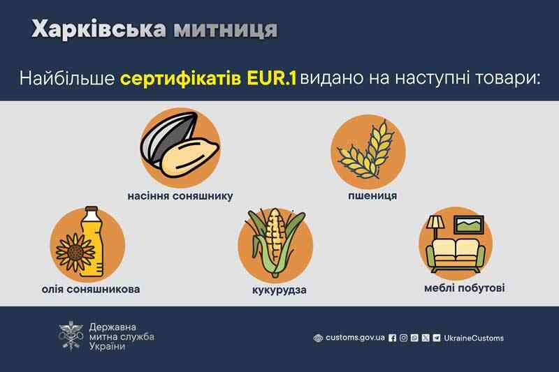 Найбільше сертифікатів EUR.1 видано на наступні товари
