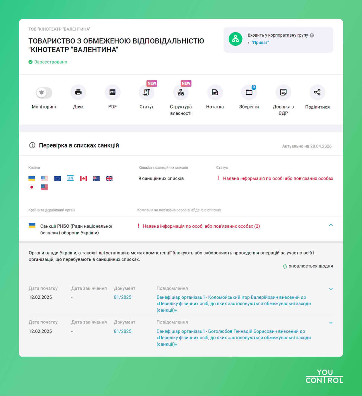 Скріншот з системи YouControl, розділ «Санкції»