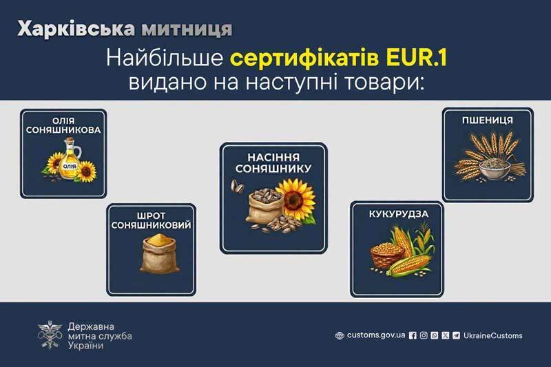 Найбільше сертифікатів EUR.1 видано на наступні товари